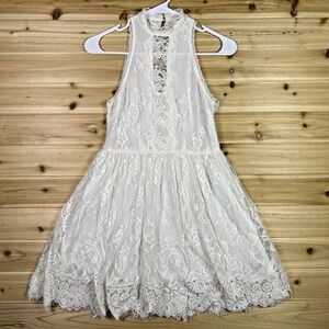 Free People Dress Womens 2 White Lace High Neck Halter Sleeveless Mini Dress